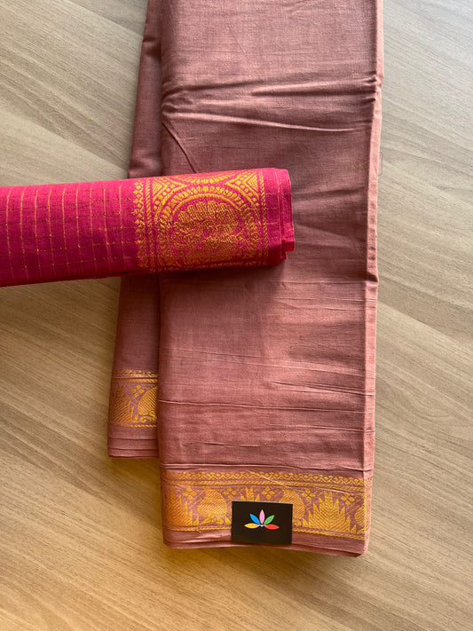 Small Mayil Border Cotton Saree with Contrast Blouse-22405-22406