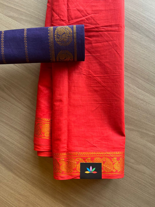 Small Mayil Border Cotton Saree with Contrast Blouse-22410