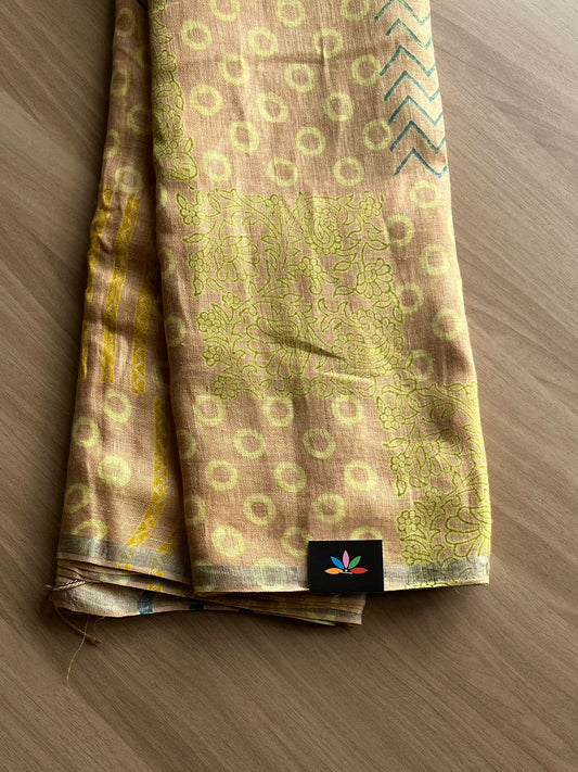 Designer Handblock Printed Fine Linen Saree-22414