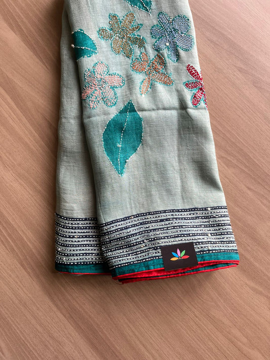 Handcrafted with Block Printed and Kantha Stitch Pure Tussar Silk Saree-22427