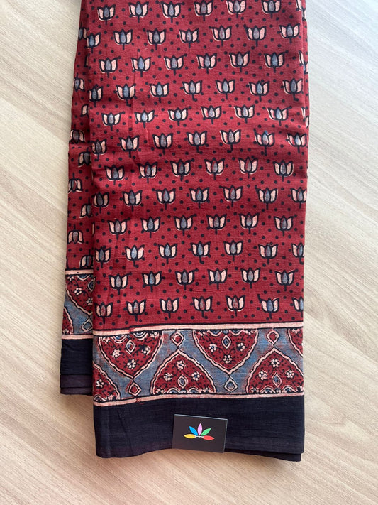 Natural Dye Ajrakh Handblock Printed Cotton Saree-22442