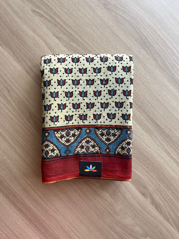 Natural Dye Ajrakh Handblock Printed Cotton Saree-22444