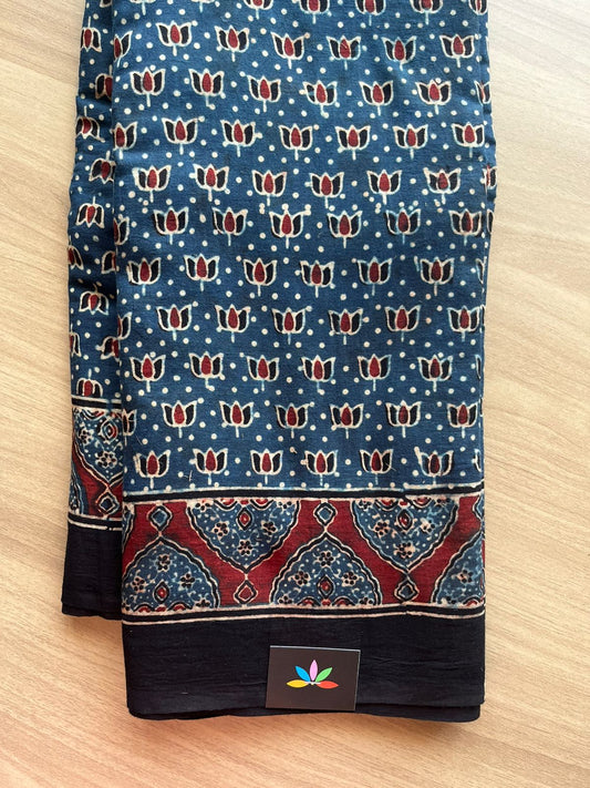 Natural Dye Ajrakh Handblock Printed Cotton Saree-22445