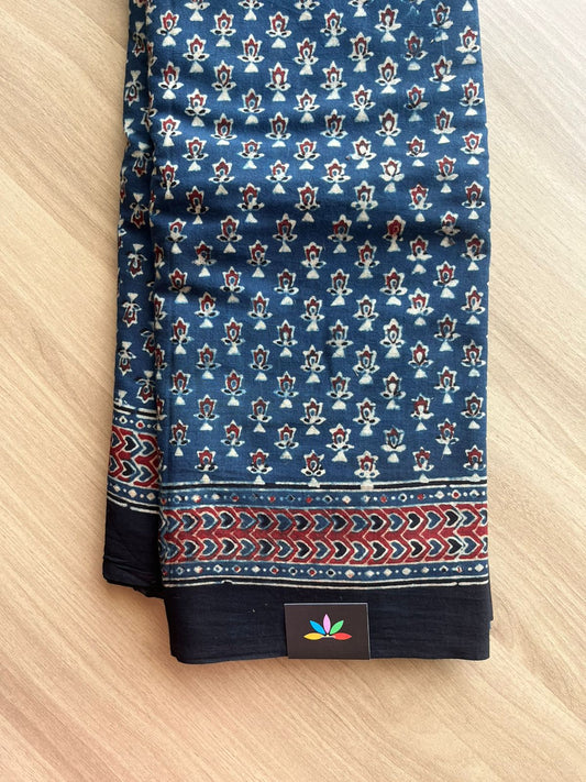 Natural Dye Ajrakh Handblock Printed Cotton Saree-22450