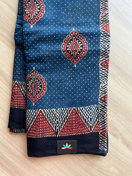 Natural Dye Ajrakh Handblock Printed Cotton Saree-22452