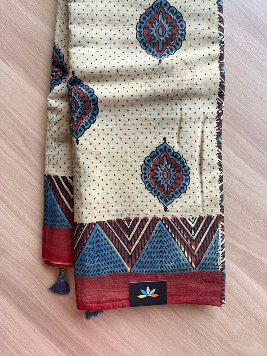 Natural Dye Ajrakh Handblock Printed Cotton Saree-22453