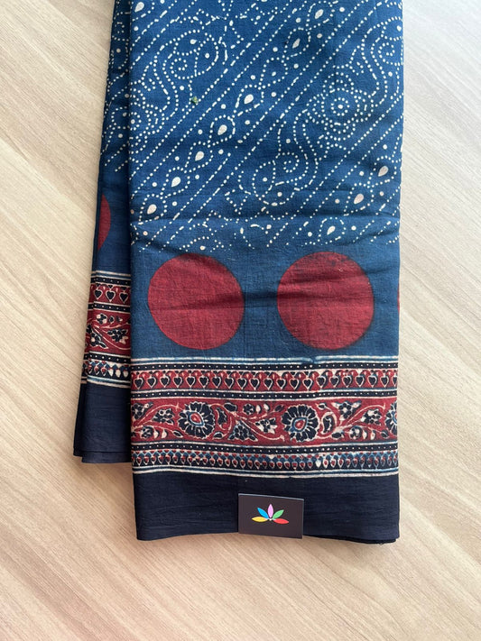 Natural Dye Ajrakh Handblock Printed Cotton Saree-22459