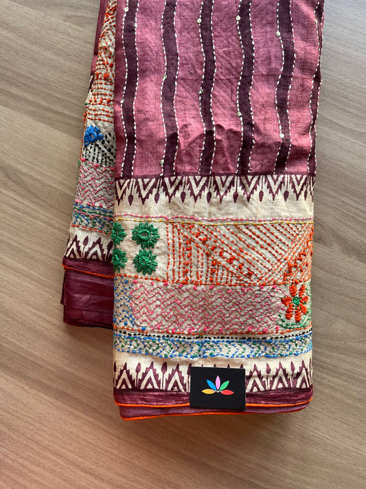 Handcrafted with Embroidery Pure Desi Tussar Silk Saree-22469