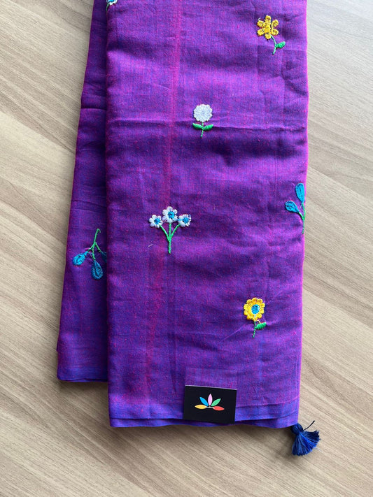 Partly pallu Floral embroidered cotton saree-22542