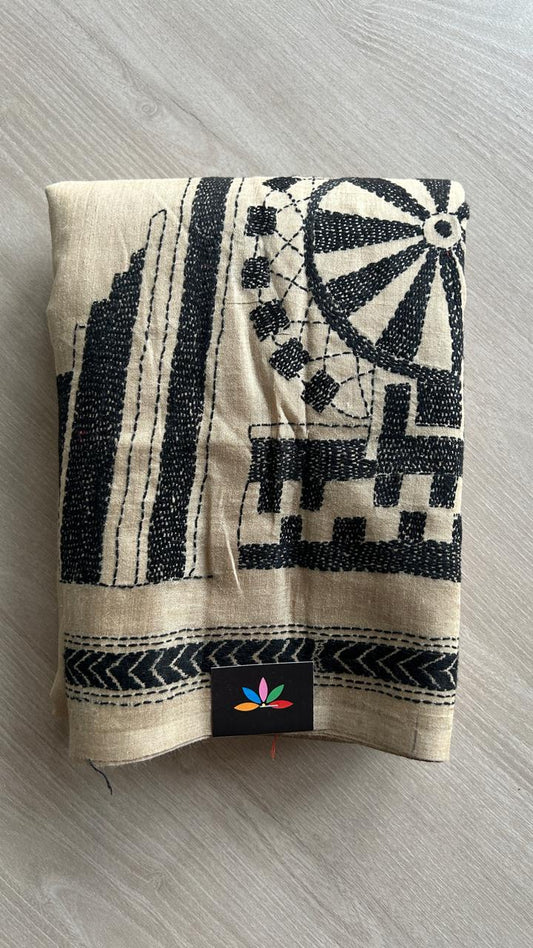 Village-City Life Kantha Stitch Tussar Silk Saree - 25441