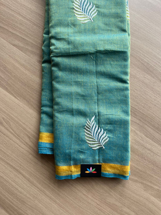 Partly pallu Dual Tone Leaf Embroidery Cotton Saree -22548