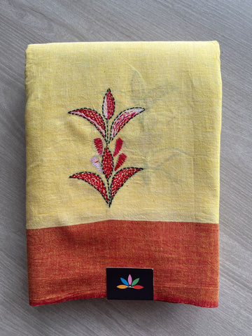 Pastel Yellow Kantha Stitch Cotton Saree -22632