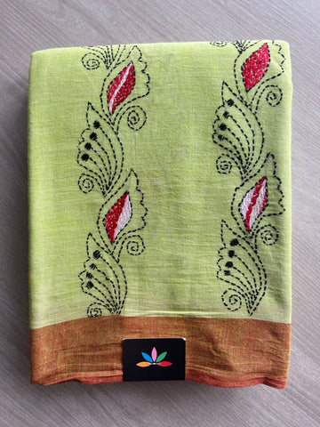 Light Pastel Green Kantha Stitch Cotton Saree -22634