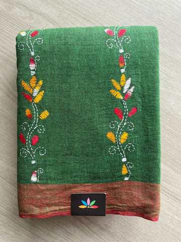 Hunter Green Kantha Stitch Cotton Saree -22635