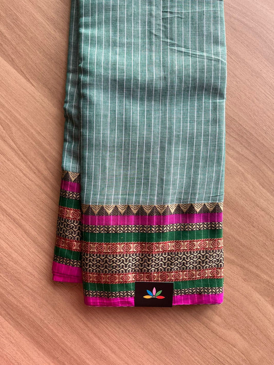 Stripped Long Border Narayanpet Mercerized Cotton Saree -22683-22684