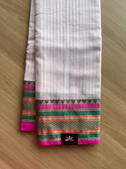Stripped Long Border Narayanpet Mercerized Cotton Saree -22691-22692
