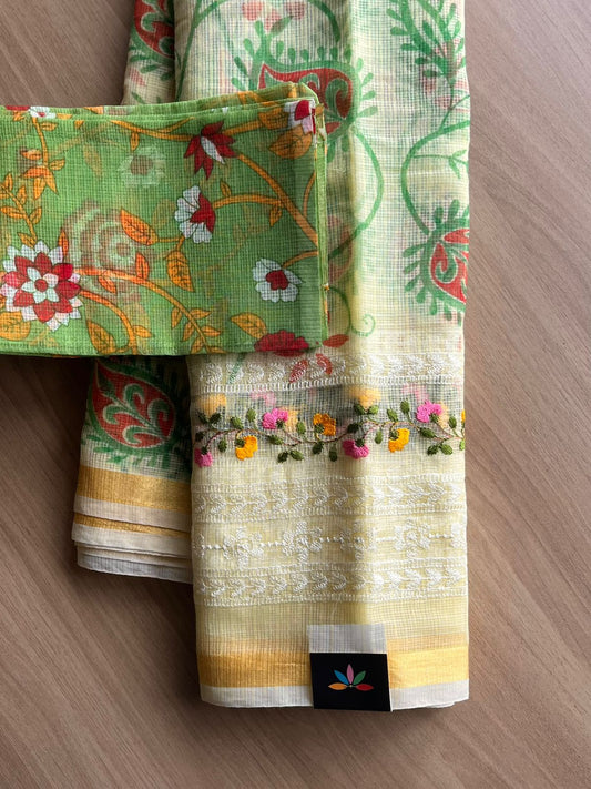 Embroidered Printed Kota Saree with Contrast Blouse-22721