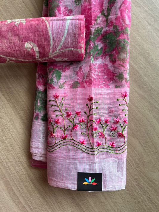 Embroidered Printed Kota Saree with Contrast Blouse-22743