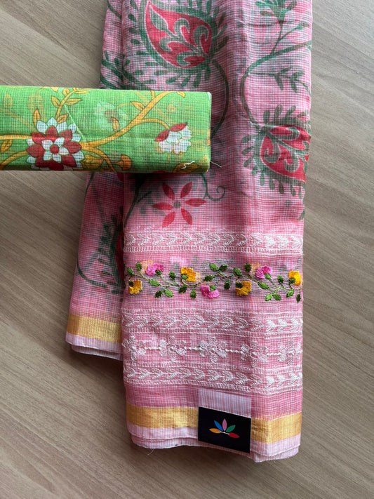 Embroidered Printed Kota Saree with Contrast Blouse-22745
