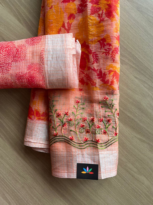 Embroidered Printed Kota Saree with Contrast Blouse-22746