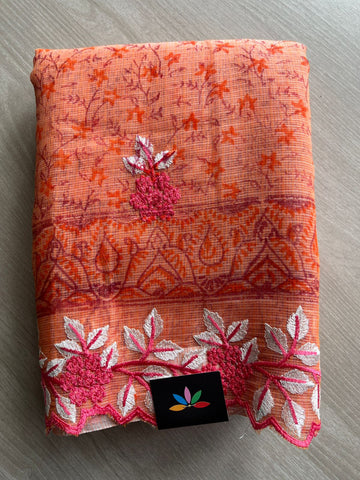 Pastel Orange Printed Cutwork Border Embroidered Kota Saree -31022