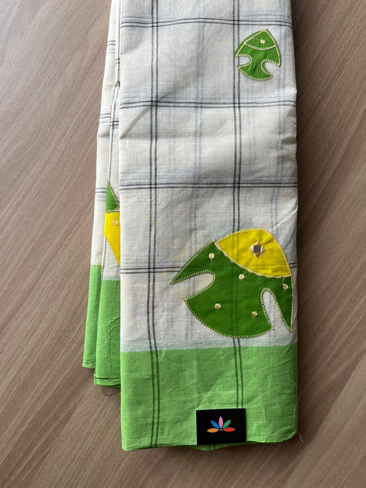 Fish Appliqué work with Checked Cotton Saree -23044