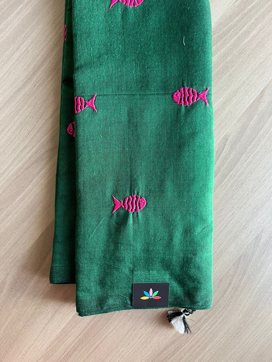 Fish embroidered cotton saree-23266