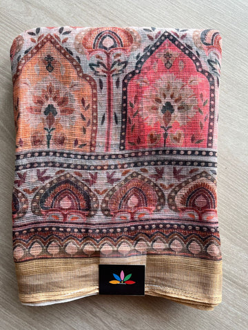 Soft Beige Shade Floral Digital Printed Kota Doria Saree-23324