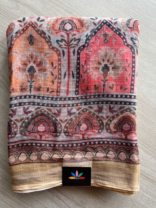 Soft Beige Shade Floral Digital Printed Kota Doria Saree-23324