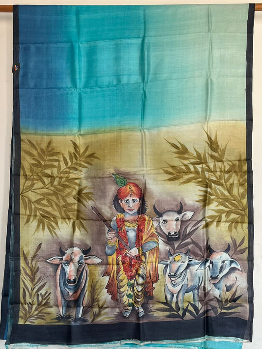 Gradient Desi Tussar Saree with Hand Painted Krishna Pallu - 23332