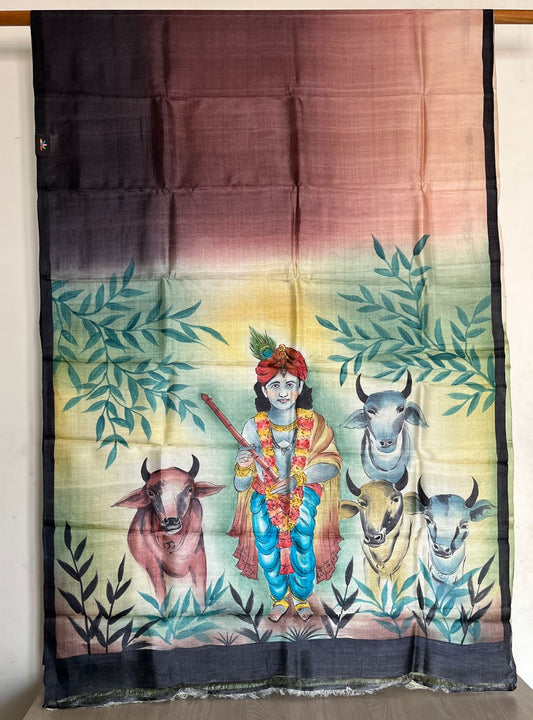 Gradient Desi Tussar Saree with Hand Painted Krishna Pallu - 23333