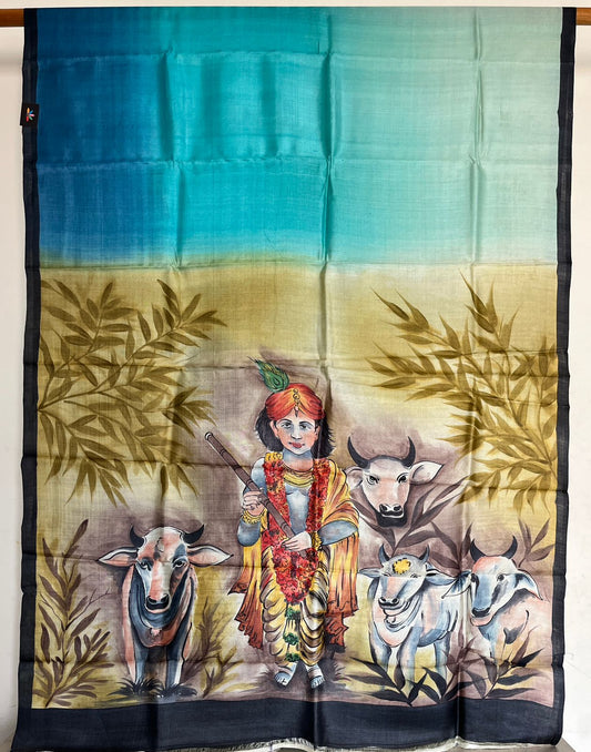 Gradient Desi Tussar Saree with Hand Painted Krishna Pallu - 23332
