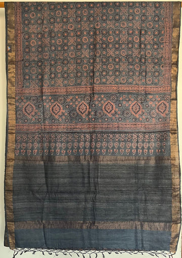 Natural Dye Ajrakh Handblock Printed Tussar Silk Saree - 23334