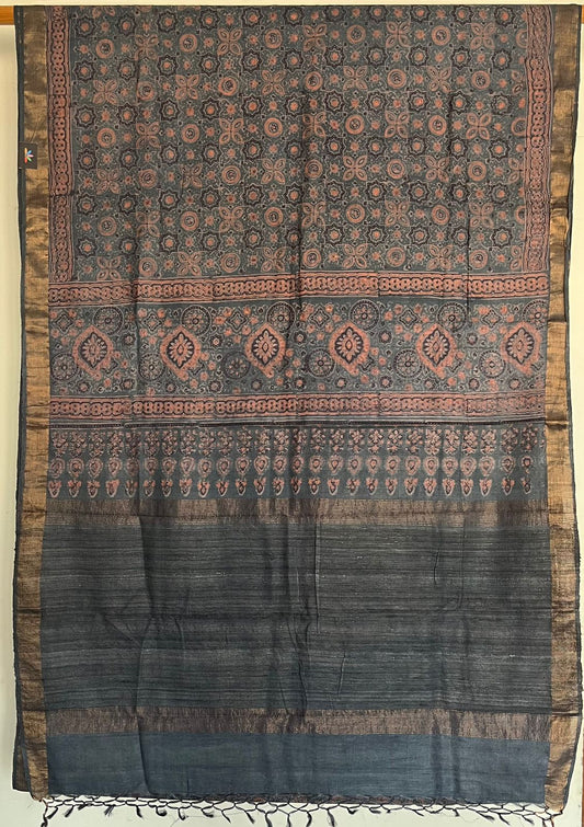 Natural Dye Ajrakh Handblock Printed Tussar Silk Saree - 23334