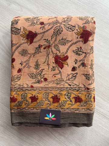 Natural Dye Kalamkari Hand Block Printed Handspun Cotton Saree -23341