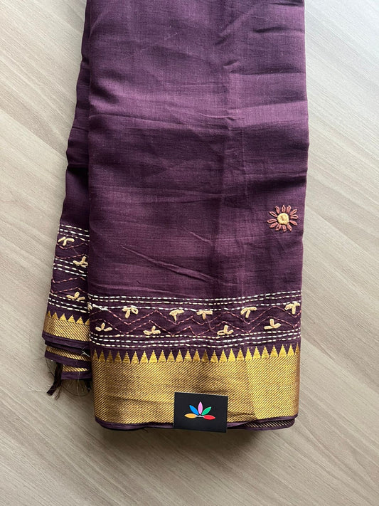 Hand Embroidered Zari Border Cotton Saree -23368