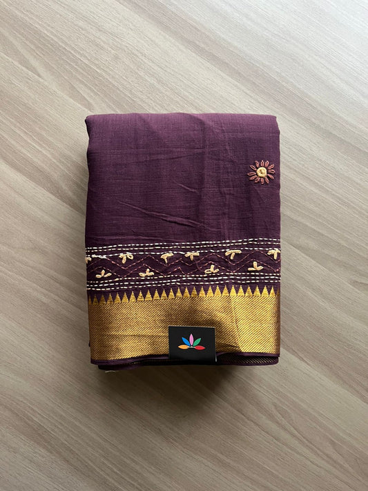 Hand Embroidered Zari Border Cotton Saree -23368