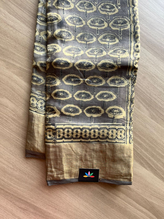Natural Dye Ajrakh Handblock Printed Tussar Silk Saree -23369