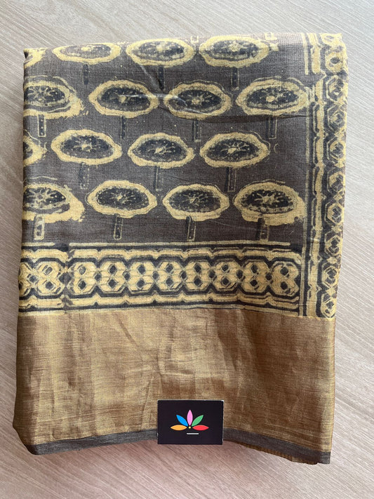 Natural Dye Ajrakh Handblock Printed Tussar Silk Saree -23369