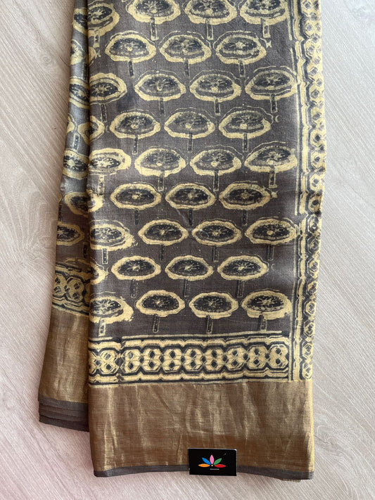 Natural Dye Ajrakh Handblock Printed Tussar Silk Saree -23369