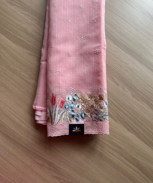 Floral Embroidered Border Semi Kota Check Saree -23401
