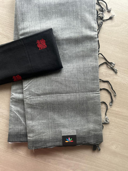 Handloom Mangalagiri Plain Cotton Saree with Contrast Blouse Fabric-23448