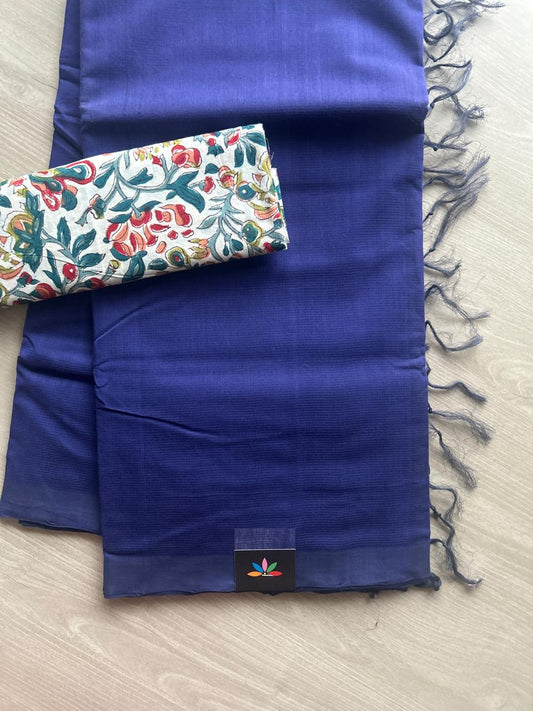 Handloom Mangalagiri Plain Cotton Saree with Contrast Blouse Fabric-23449