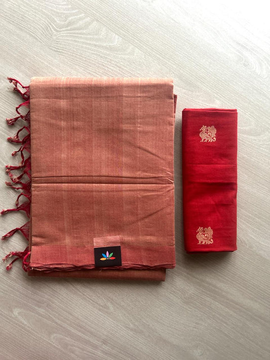 Handloom Mangalagiri Plain Cotton Saree with Contrast Blouse Fabric-23454