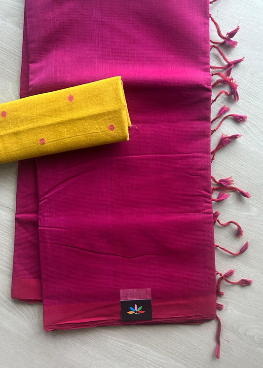 Handloom Mangalagiri Plain Cotton Saree with Contrast Blouse Fabric-23451