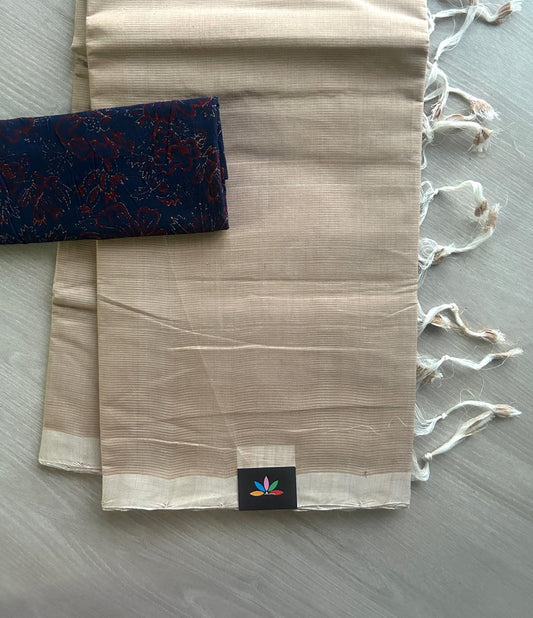Handloom Mangalagiri Plain Cotton Saree with Contrast Blouse Fabric-23453