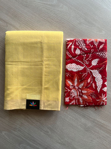 Handloom Mangalagiri Plain Cotton Saree with Contrast Blouse Fabric-23460