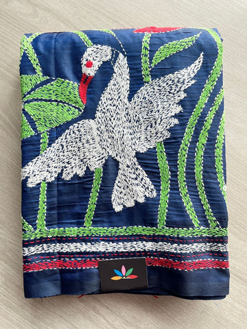 Midnight Navy Blue Kantha Stitch Semi Bangalore Silk Saree -23593