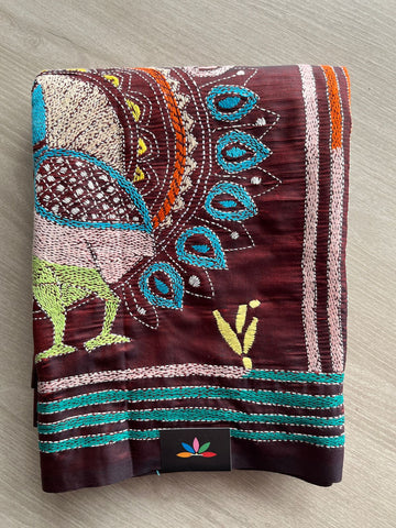 Deep Brown Kantha Stitch Semi Bangalore Silk Saree -23600