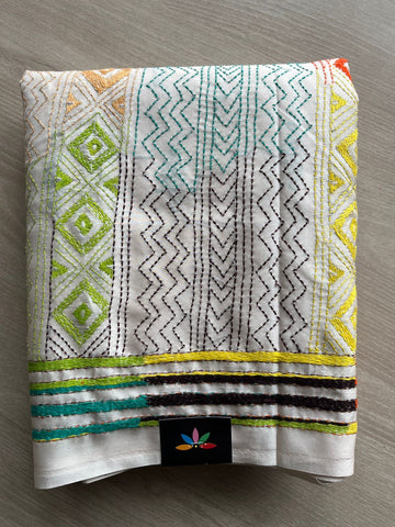 White Kantha Stitch Semi Bangalore Silk Saree -23605